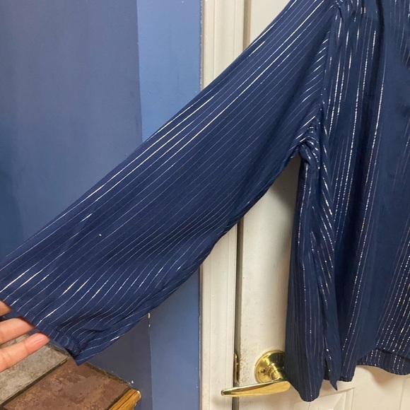 Women Medium Old Navy Long Sleeve Top Blue with Shiny Silver Stripes V-neck - Picture 6 of 10
